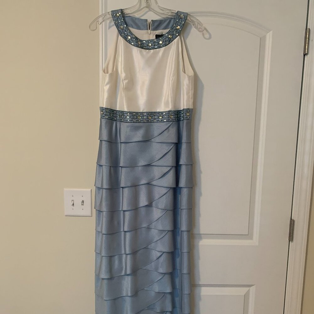 Jessica Howard formal gown dusty blue with bejeweled neck, ruffle skirt